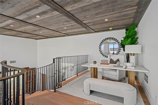 home office featuring wooden ceiling and light wood-type flooring