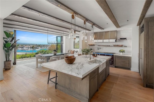 kitchen with light hardwood / wood-style floors, an island with sink, hanging light fixtures, and tasteful backsplash