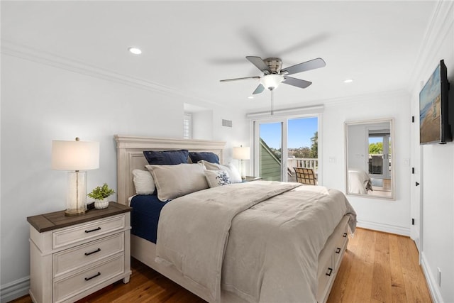 bedroom with access to outside, ceiling fan, light hardwood / wood-style flooring, and ornamental molding