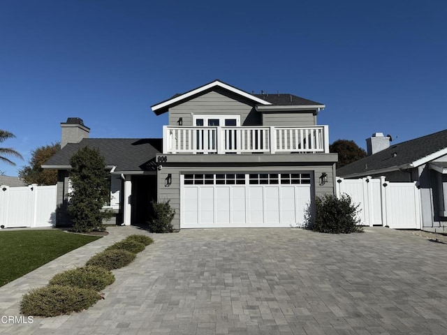 view of front property with a garage and a balcony