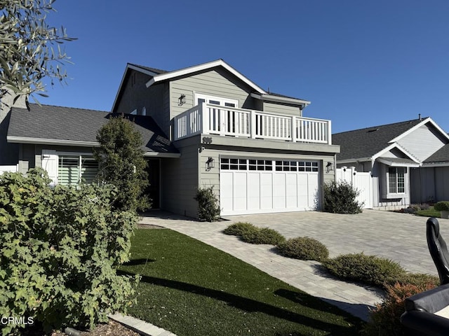 view of property featuring a balcony, a garage, and a front lawn