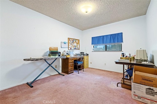 office space featuring carpet floors and a textured ceiling