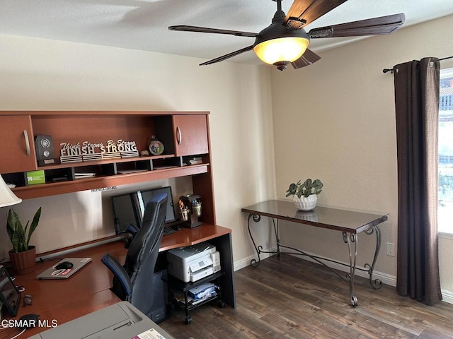 home office featuring dark hardwood / wood-style flooring and ceiling fan