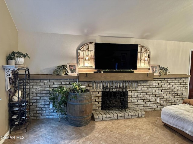 living room featuring a fireplace