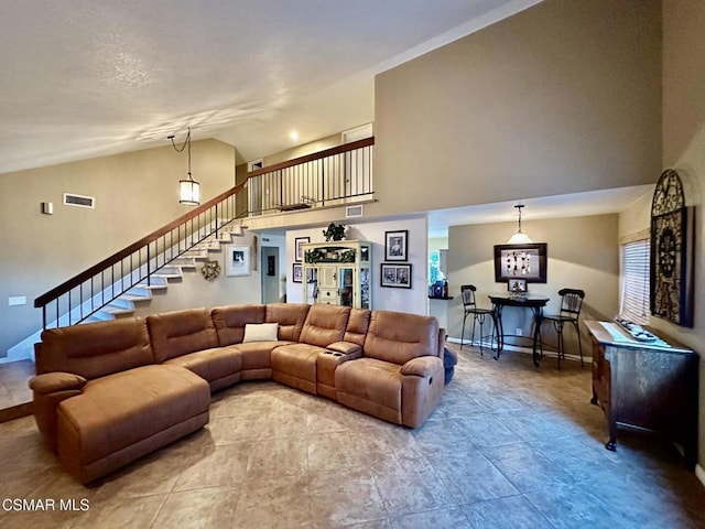 living room with vaulted ceiling