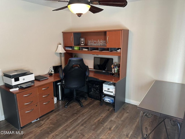 home office with ceiling fan and dark hardwood / wood-style flooring