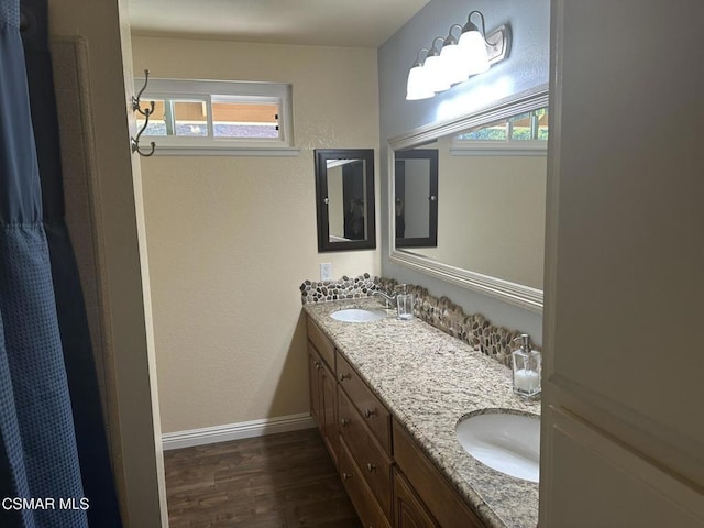 bathroom with wood-type flooring and vanity