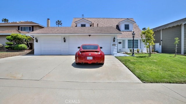 view of front of house featuring a front lawn and a garage