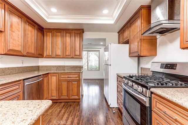 kitchen featuring ornamental molding, appliances with stainless steel finishes, a raised ceiling, and wall chimney exhaust hood