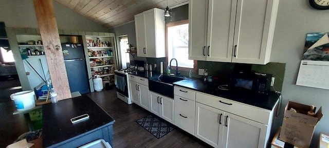 kitchen featuring vaulted ceiling, sink, white cabinetry, wood ceiling, and white range with gas stovetop