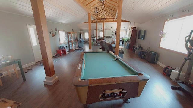 game room with wooden ceiling, pool table, dark hardwood / wood-style flooring, and lofted ceiling