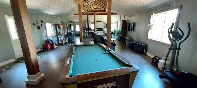 rec room with wood ceiling, lofted ceiling, pool table, and dark hardwood / wood-style floors