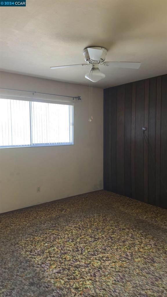 spare room with ceiling fan and wood walls