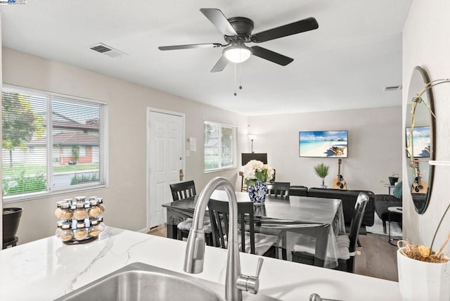 dining room with ceiling fan, hardwood / wood-style floors, and a healthy amount of sunlight