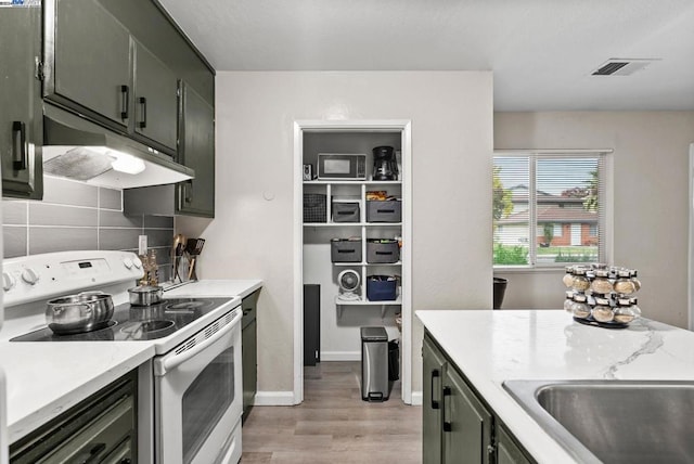 kitchen with tasteful backsplash, white range with electric cooktop, light hardwood / wood-style flooring, and sink