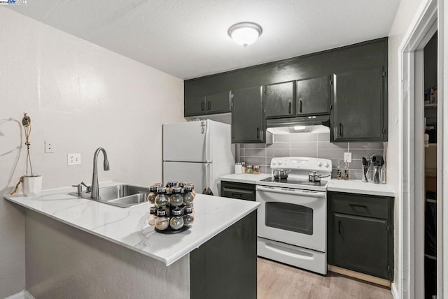 kitchen with kitchen peninsula, decorative backsplash, white appliances, and sink