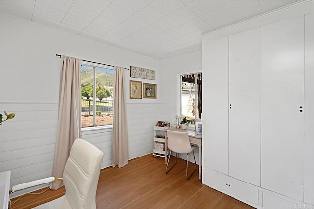 office area featuring hardwood / wood-style flooring, wood walls, and a wealth of natural light