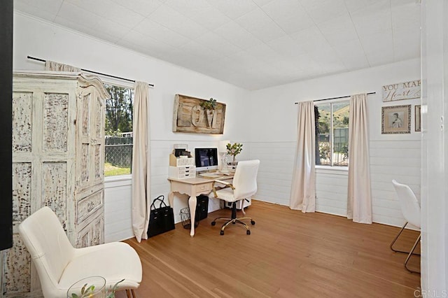 office featuring hardwood / wood-style floors and crown molding