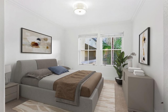 bedroom featuring light colored carpet and crown molding