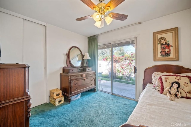 carpeted bedroom featuring a closet, access to outside, and ceiling fan