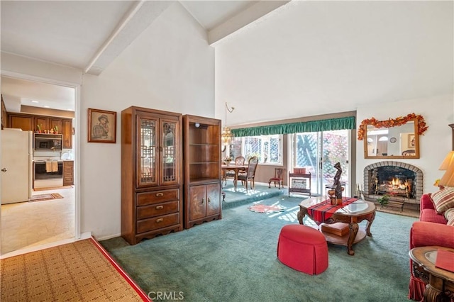 tiled living room featuring a fireplace, beam ceiling, and high vaulted ceiling