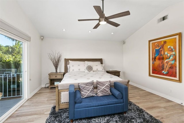 bedroom with ceiling fan, access to exterior, lofted ceiling, and light hardwood / wood-style floors