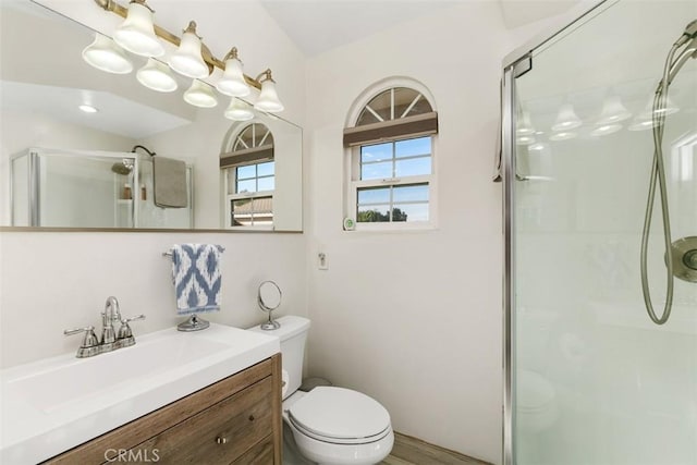 bathroom with vanity, toilet, and walk in shower