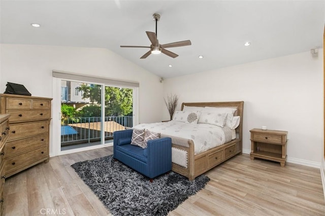 bedroom featuring light hardwood / wood-style flooring, ceiling fan, vaulted ceiling, and access to outside