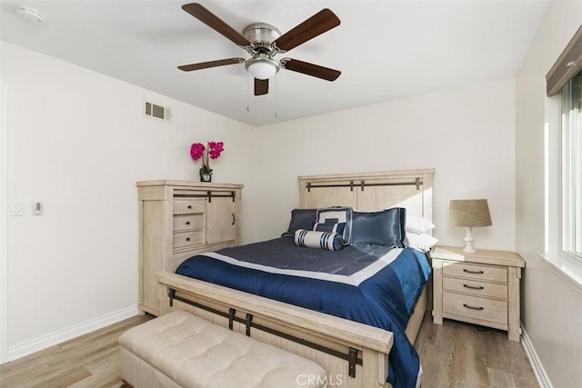 bedroom featuring light hardwood / wood-style floors and ceiling fan