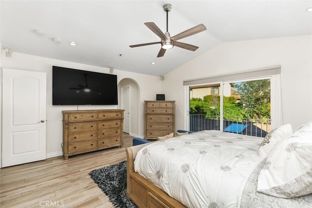 bedroom featuring lofted ceiling, ceiling fan, access to outside, and light hardwood / wood-style flooring