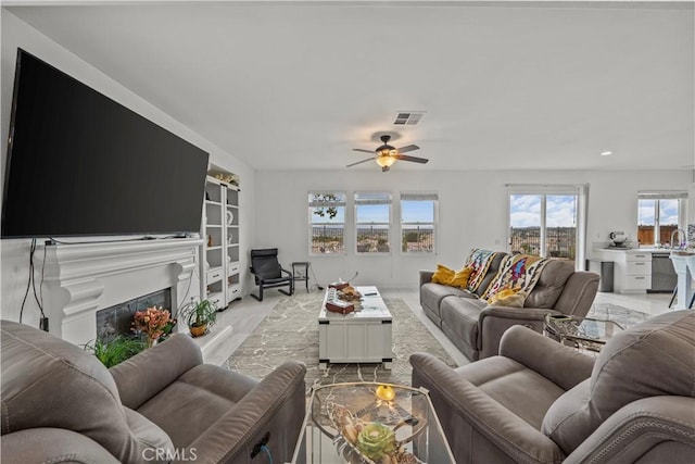 living room with ceiling fan