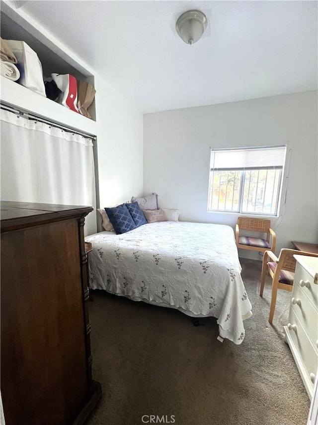 bedroom with dark carpet