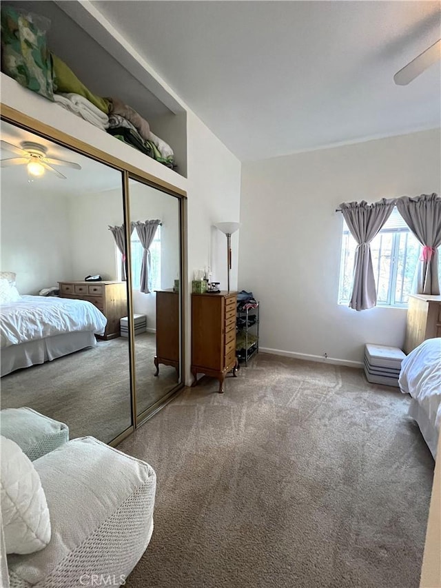 bedroom with ceiling fan, a closet, carpet floors, and multiple windows