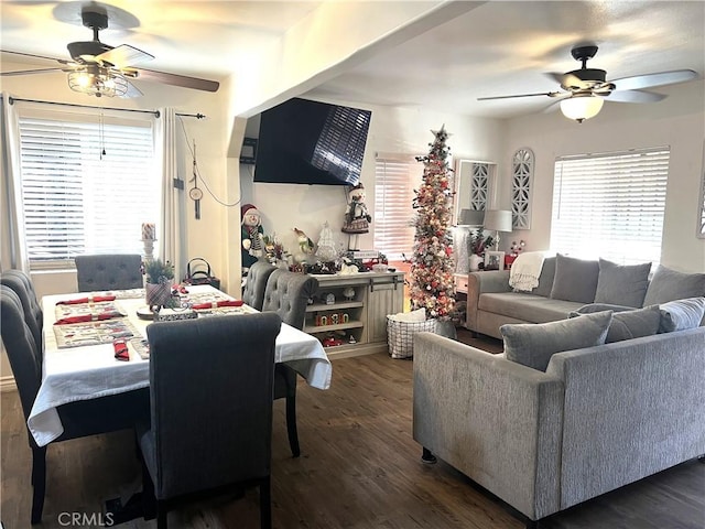 living room featuring ceiling fan and dark wood-type flooring