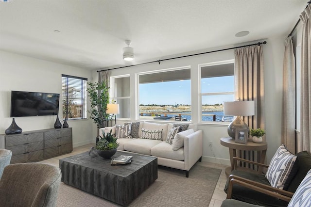 living room with a water view