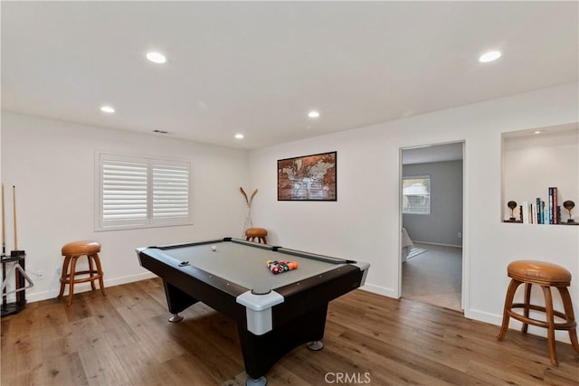 playroom with hardwood / wood-style flooring and billiards