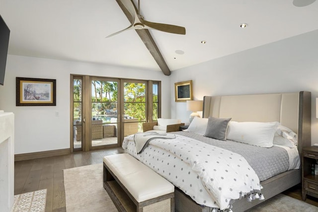 bedroom featuring access to outside, vaulted ceiling with beams, ceiling fan, and hardwood / wood-style floors