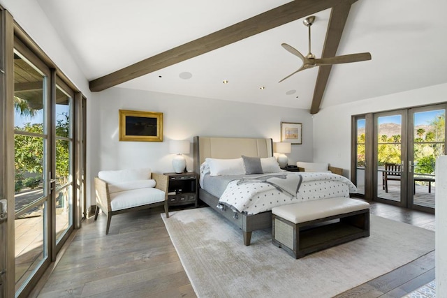 bedroom with hardwood / wood-style floors, ceiling fan, access to exterior, and french doors