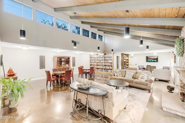 living room with high vaulted ceiling, beam ceiling, and wood ceiling