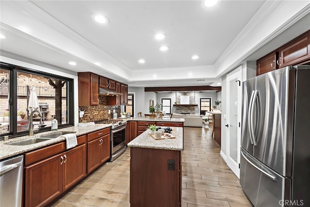 kitchen with a center island, sink, light wood-type flooring, kitchen peninsula, and stainless steel appliances