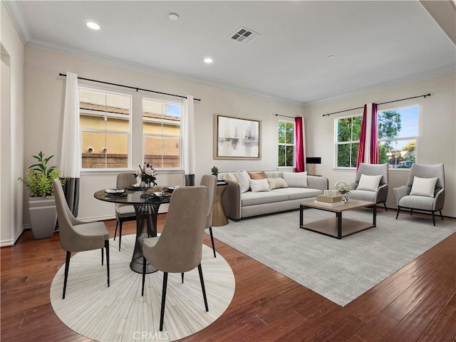 26420 Township St, Saugus, CA 91350 - living room with crown molding, visible vents, recessed lighting, and wood finished floors