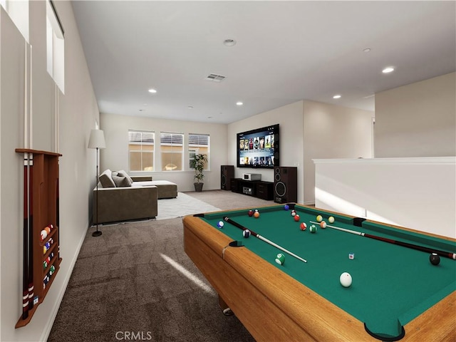26420 Township St, Saugus, CA 91350 - rec room featuring pool table, baseboards, recessed lighting, carpet flooring, and visible vents