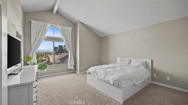 bedroom with vaulted ceiling with beams and light colored carpet