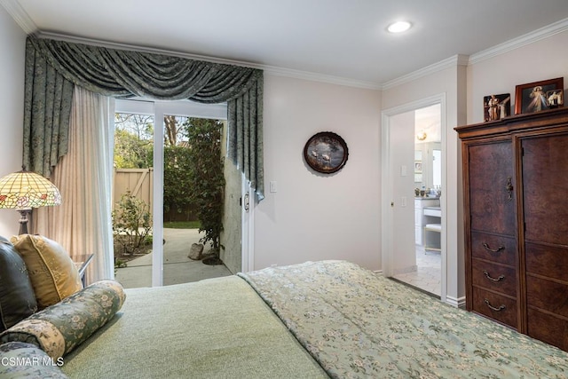 bedroom with access to outside and ornamental molding