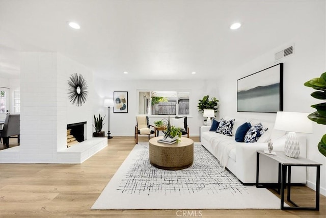 living room featuring plenty of natural light, light wood-type flooring, and a fireplace