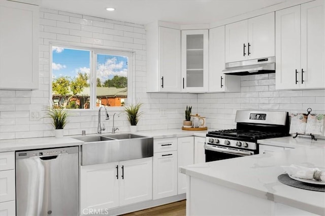 kitchen featuring backsplash, light stone counters, stainless steel appliances, sink, and white cabinetry