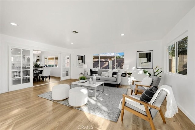 living room with light hardwood / wood-style flooring and french doors