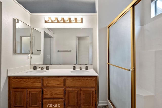 bathroom featuring vanity and an enclosed shower