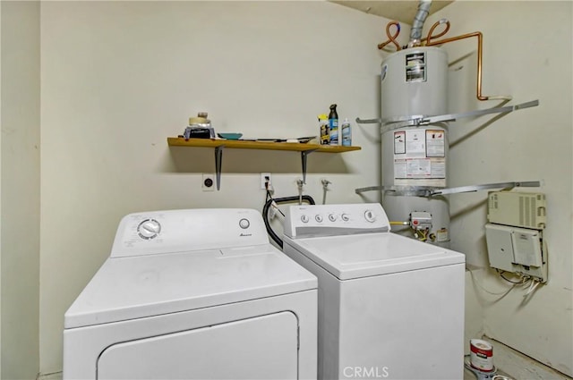 laundry room featuring strapped water heater and washing machine and clothes dryer