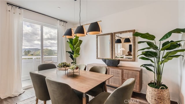 dining space featuring a mountain view and wood-type flooring